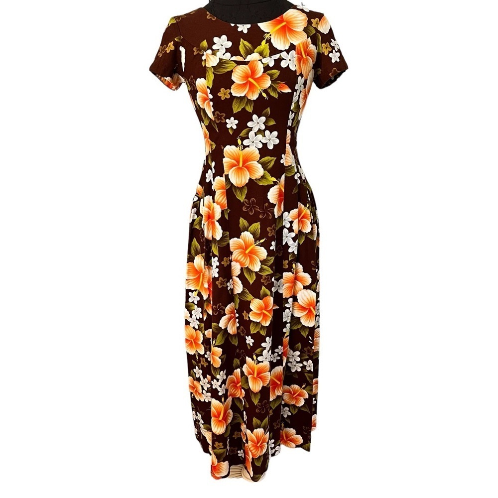 Vintage Ui-Maikai Bark Cloth Maxi Dress Hawaii Hibiscus Print Small